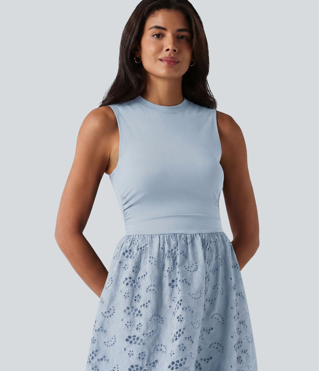 Robe midi de villégiature sans manches col rond à broderie anglaise, avec poches