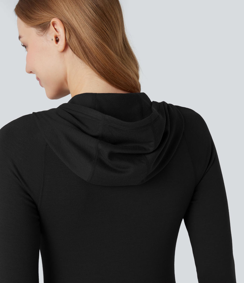 Haut de sport yoga chauffant à capuche à manches longues avec passants pouces Halara HeatCore