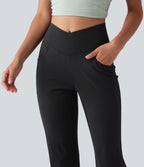 Jogging bouffant casual en lin extensible à taille haute croisée avec poches