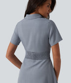 Robe chemise courte casual col manches courtes avec fronces et taille cintrée à rayures