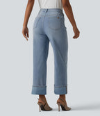 Jean coupe droite Halara Flex™ délavé décontracté, taille haute, à revers, à poches