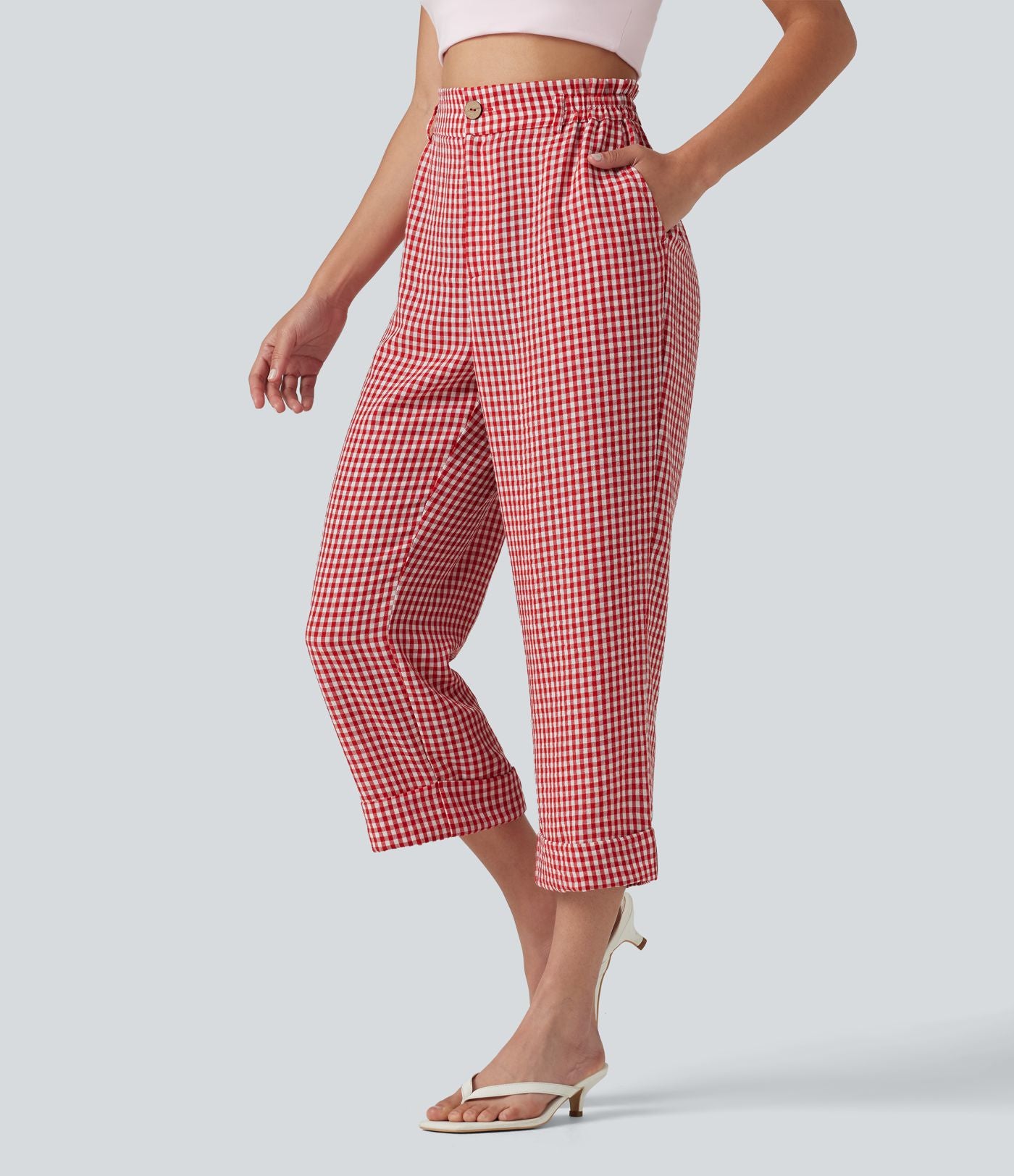 Pantalon 7/8 décontracté aspect lin à carreaux taille haute avec poches