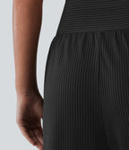 Pantalon décontracté taille haute ventre plat à rayures séchage rapide avec poches - UPF40+