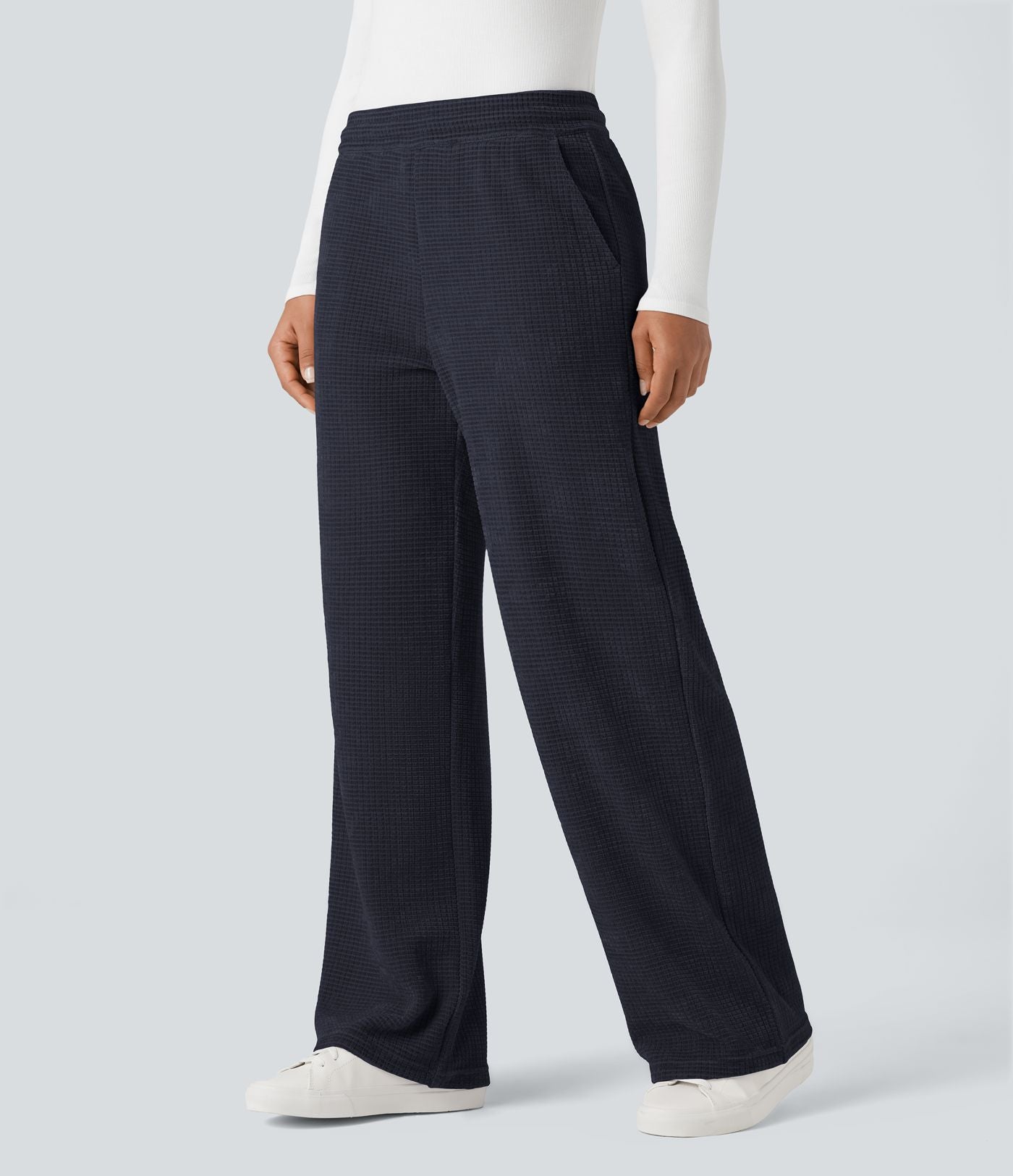 Pantalon chenille gaufré coupe droite taille mi-haute avec poches
