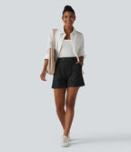 Short tailleur large en popeline stretch plissé taille haute avec ourlet roulotté et poches