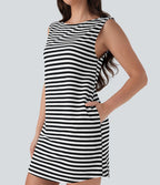 Robe décontractée mini à col bateau, sans manches, ourlet arrondi, rayures et tissu gaufré avec poches