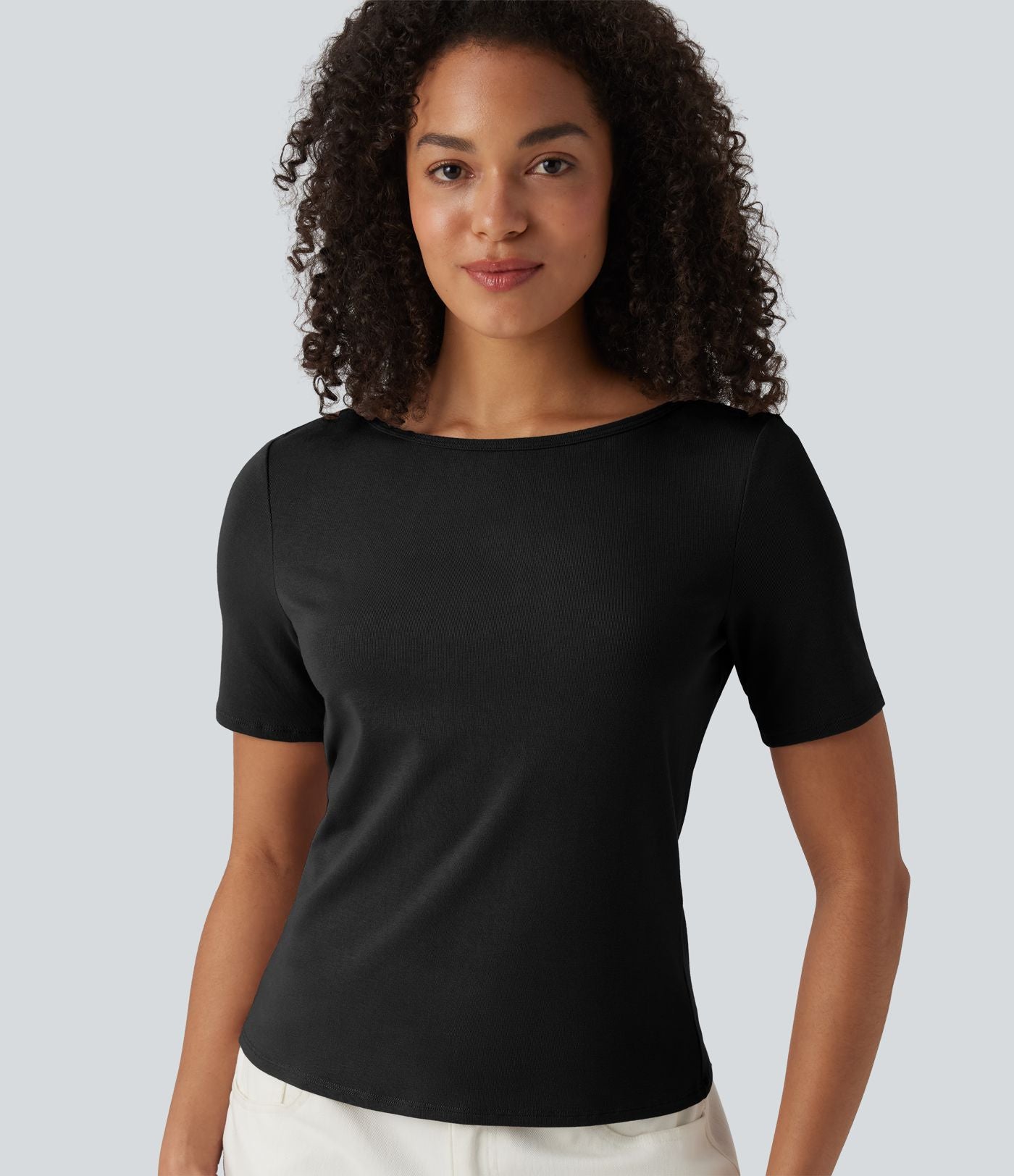 T-shirt casual manches courtes col bateau maille côtelée