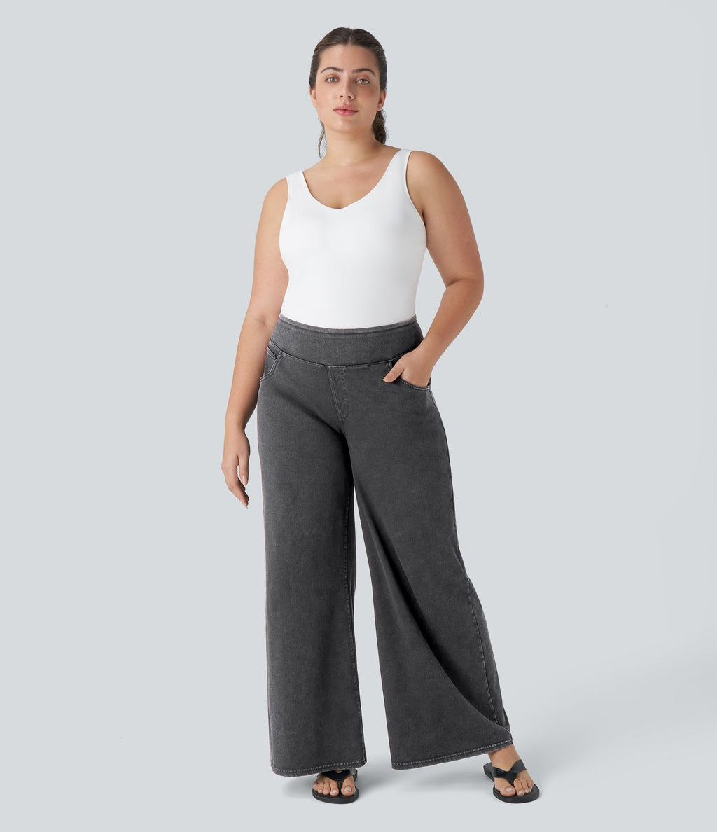 Halara Flex™ High Waisted Multiple Pockets Wide Leg Loose Stretchy Knit Casual Plus Size Jeans
