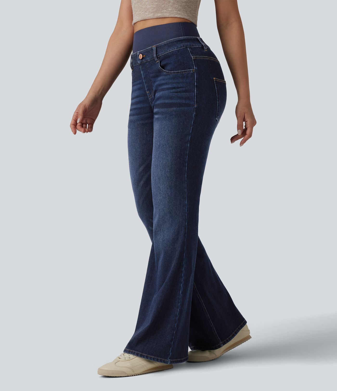 Jean évasé décontracté Halara Flex™ double ceinture gainant taille haute avec poches