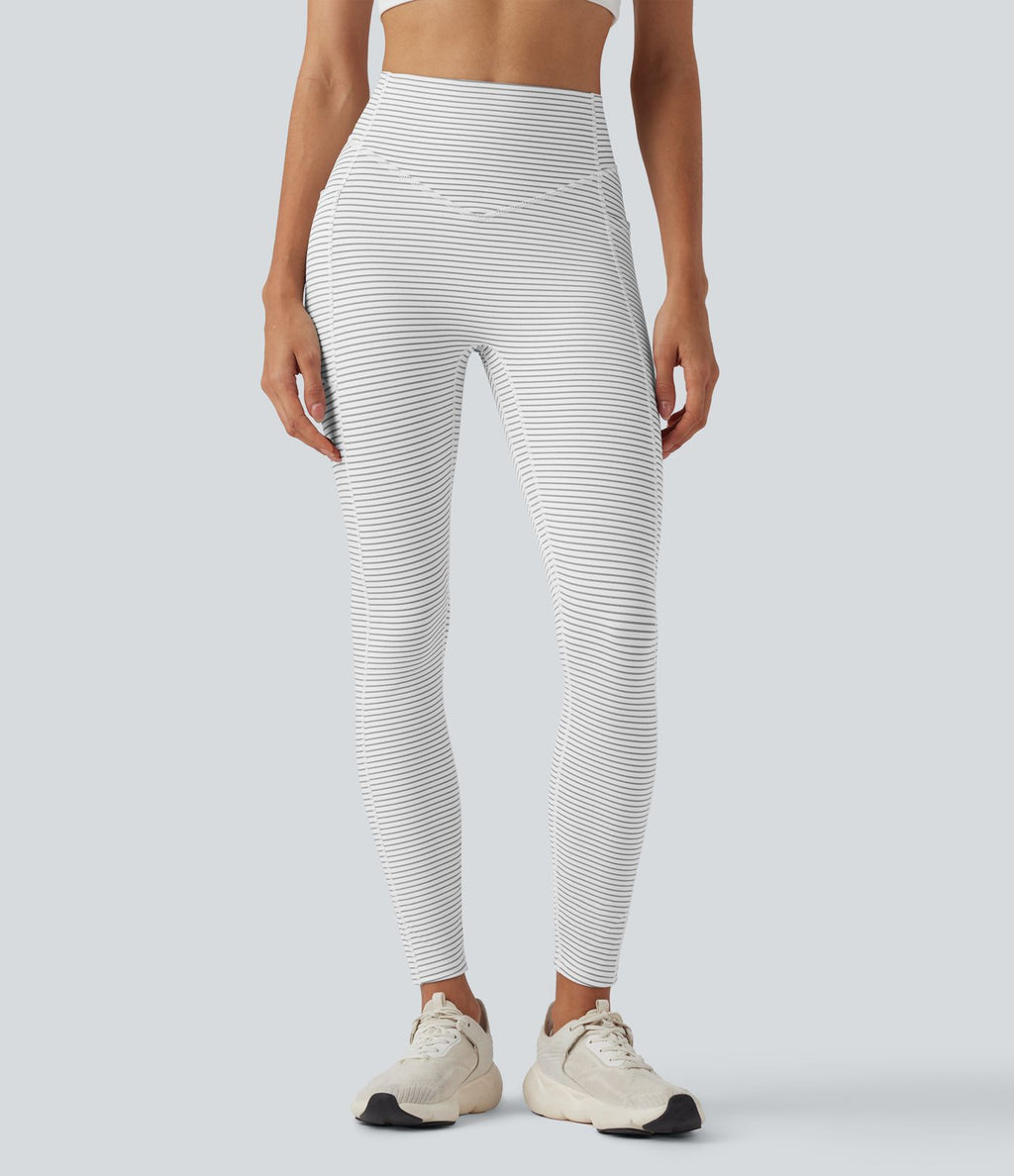 Legging de yoga 7/8 taille haute gainant à rayures et fronces avec poches