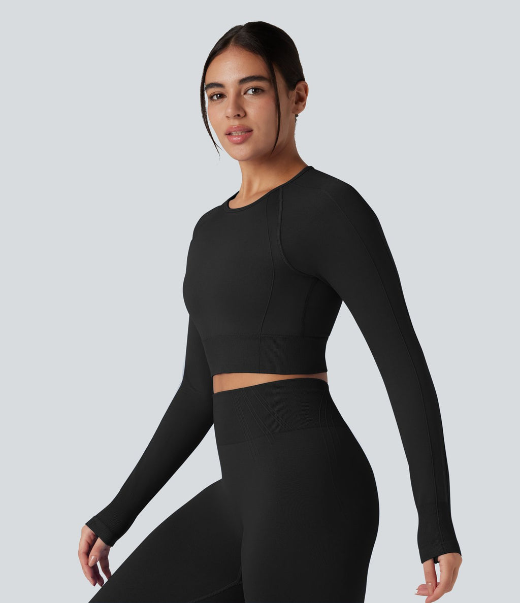 Haut de sport yoga court col rond à manches longues avec passants pouces sans couture OneForm Seamless Flow