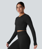 Haut de sport yoga court col rond à manches longues avec passants pouces sans couture OneForm Seamless Flow