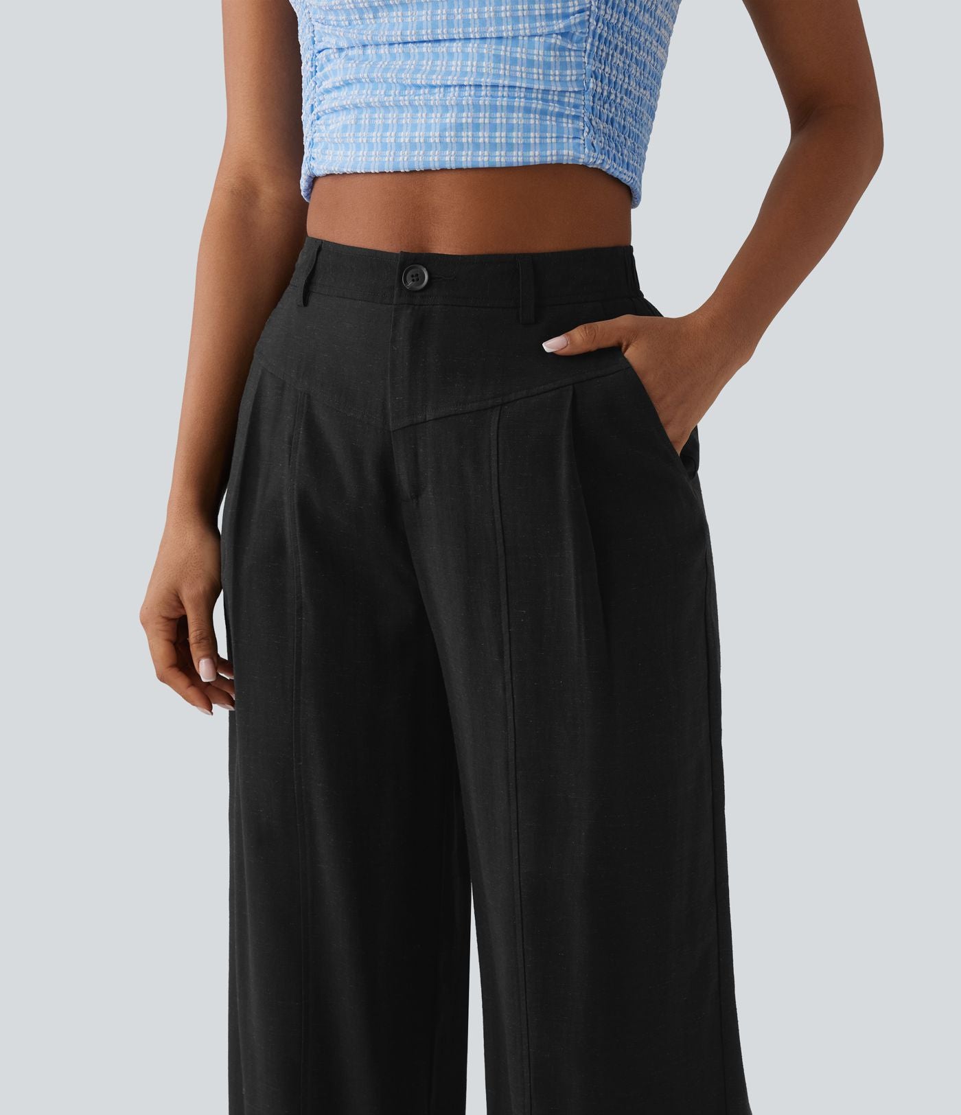 Pantalon large décontracté taille haute aspect lin avec poches