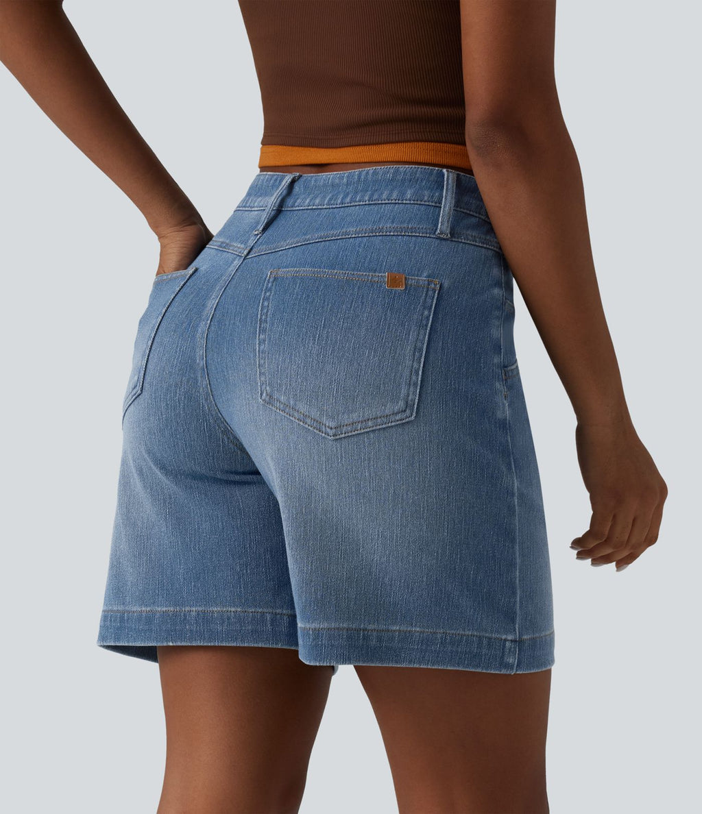 Short denim ample décontracté Halara Flex™ délavé taille mi-haute ourlet roulotté avec poches