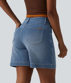 Short denim ample décontracté Halara Flex™ délavé taille mi-haute ourlet roulotté avec poches