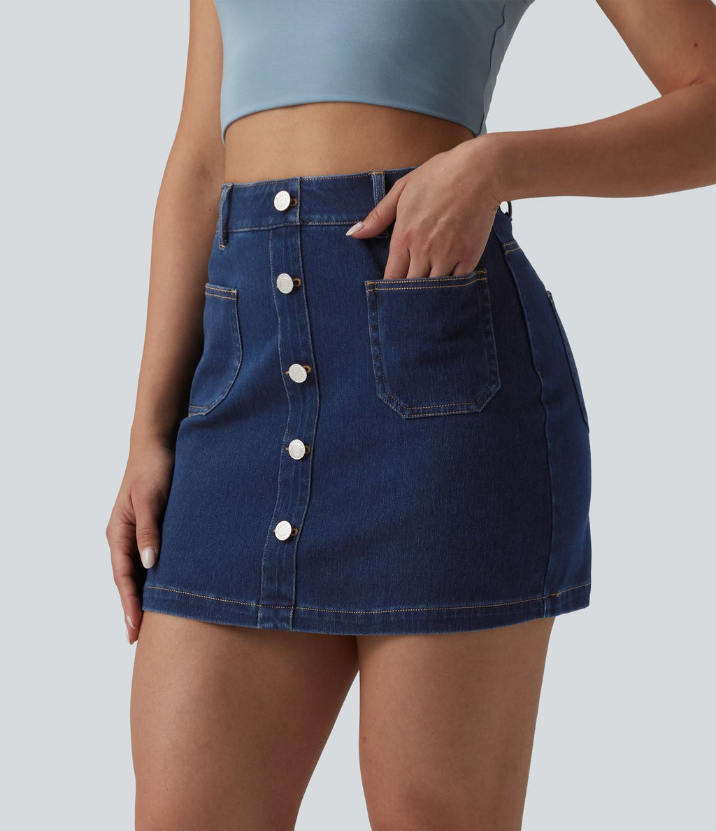 Jupe mini moulante décontractée Halara Flex™ en denim taille haute boutons décoratifs avec poches