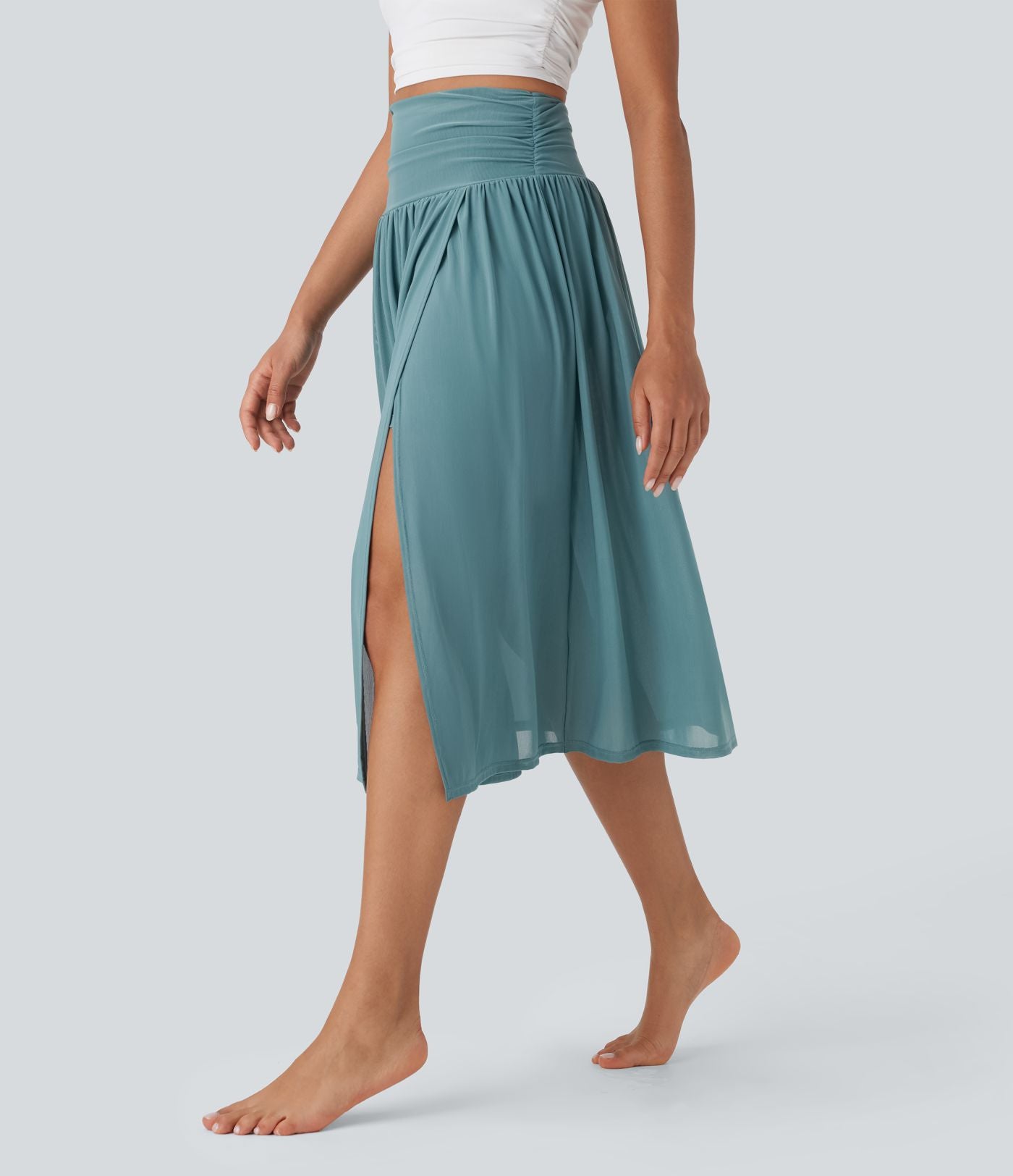 Jupe de danse mi-longue fluide 2-en-1 taille haute, fendue avec poche latérale
