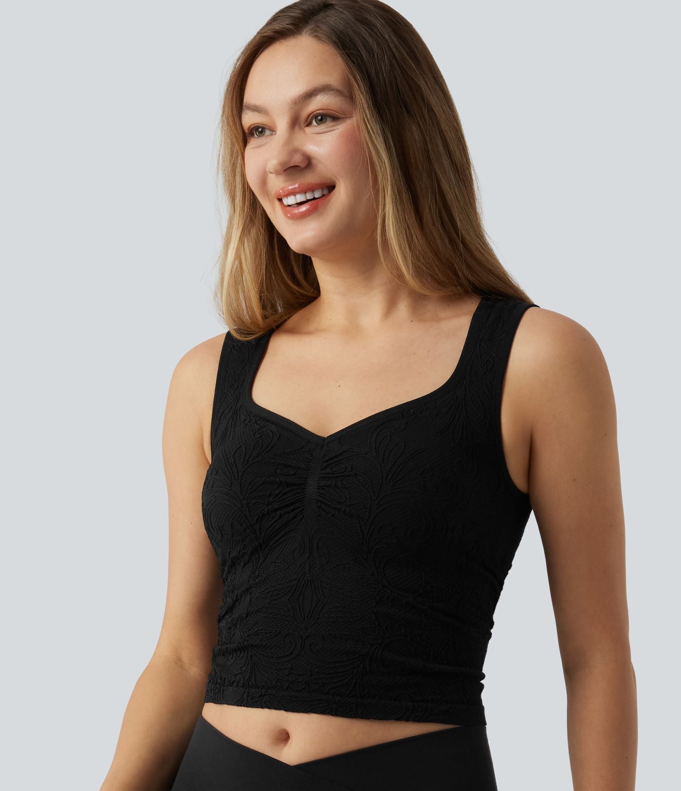 Brassière courte col V en jacquard avec fronces et brassière intégrée