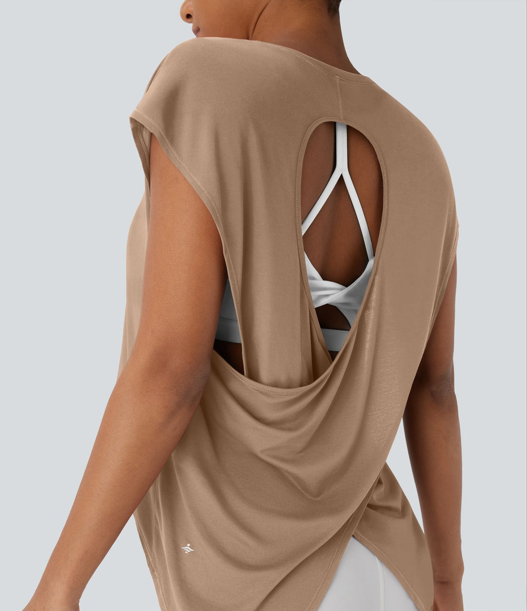 Top de sport running dos nu croisé ourlet asymétrique haut-bas