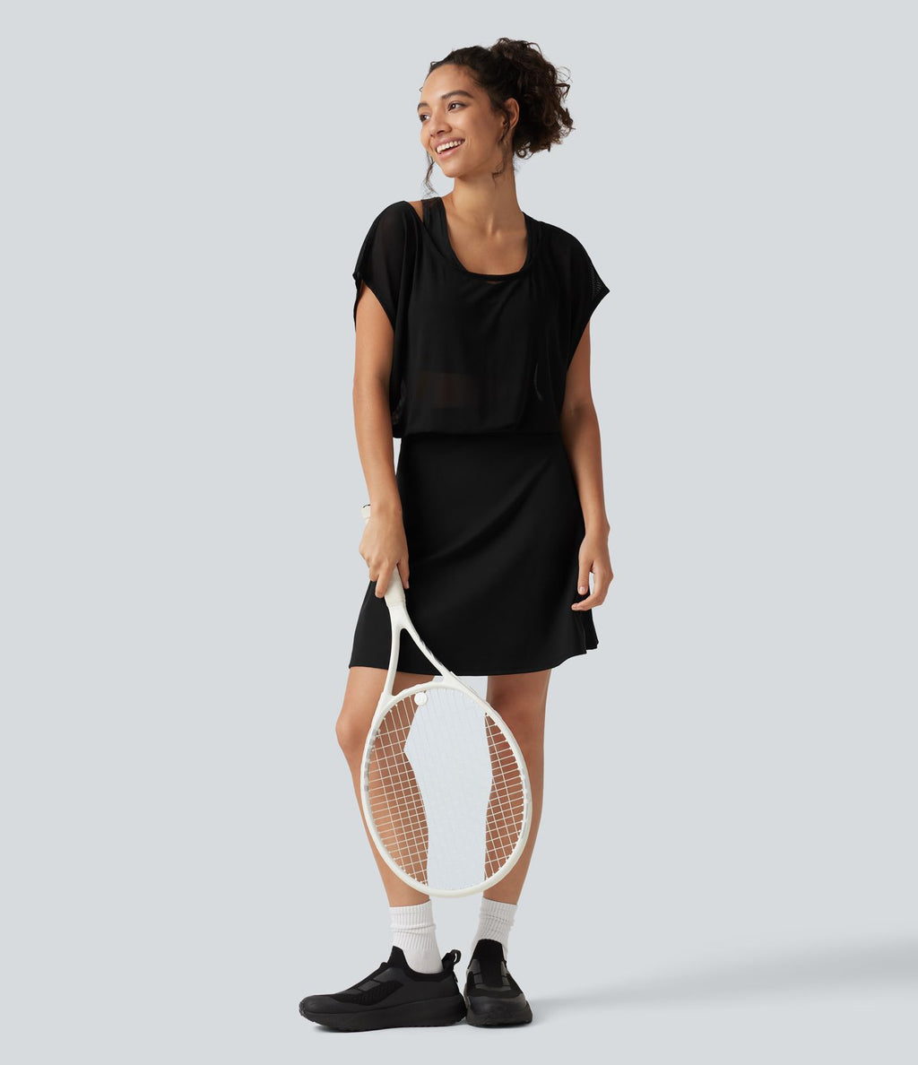 Robe-short mini SoftlyZero™ Plush pour le yoga à encolure bateau, manches courtes et poches - Easy Peasy