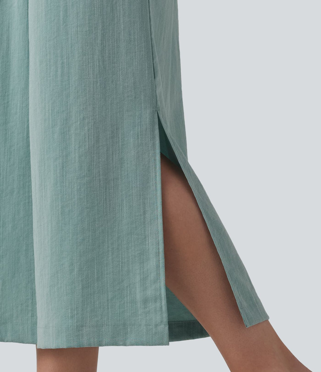 Pantalon ample court taille haute aspect lin avec fentes et poches