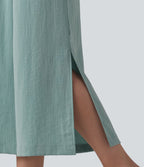 Pantalon ample court taille haute aspect lin avec fentes et poches