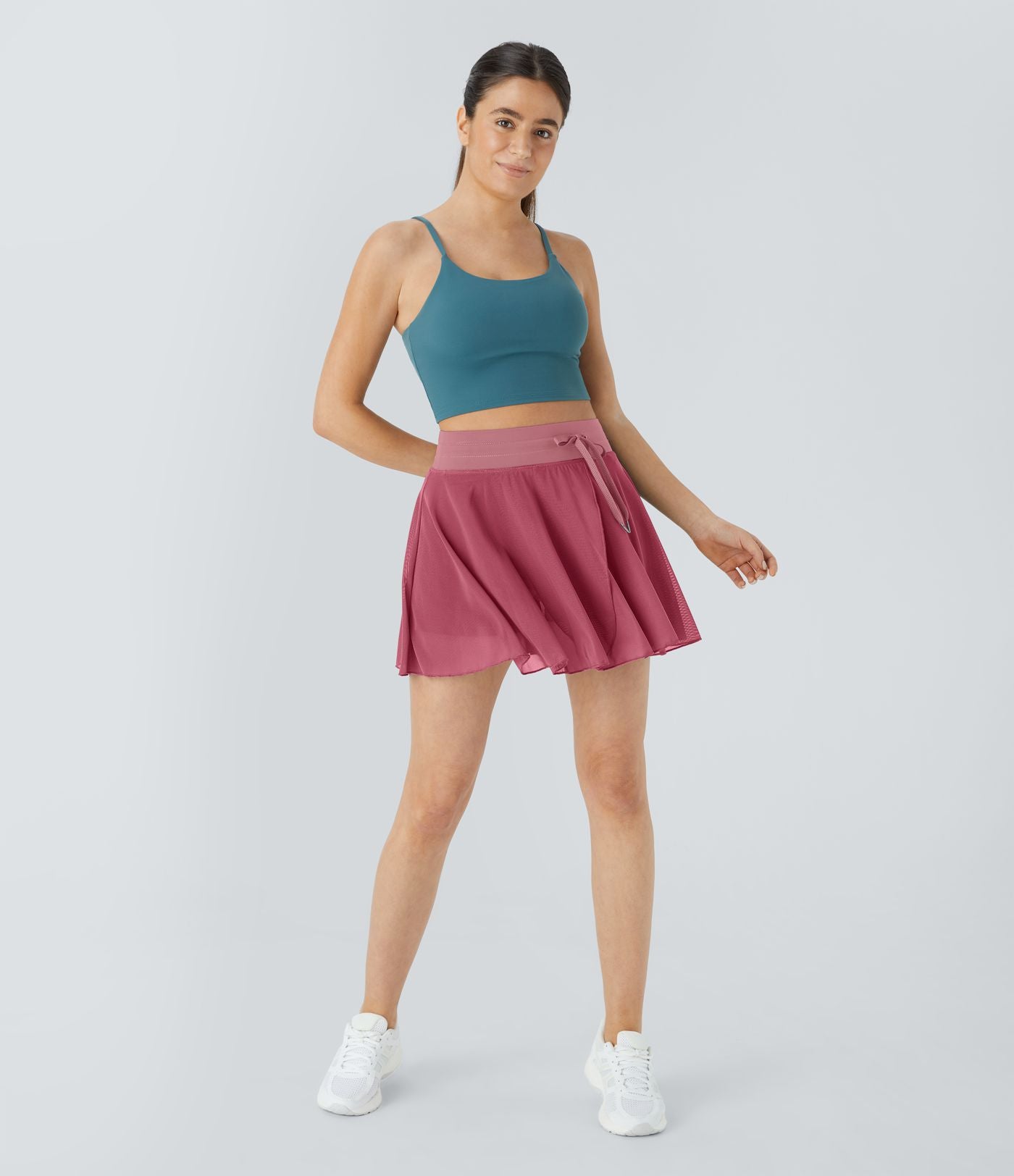 Jupe Casual Évasée Fluide 2 en 1 en Maille Contrastée Taille Haute Cordon de Serrage Poche Latérale