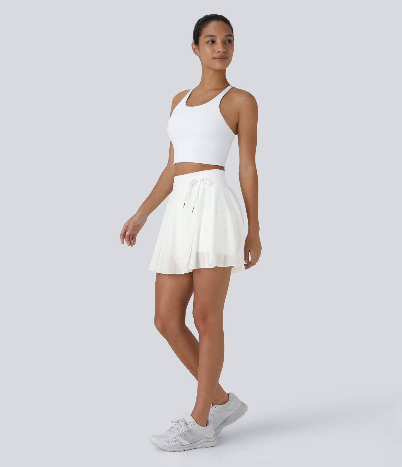 Jupe Casual Évasée Fluide 2 en 1 en Maille Contrastée Taille Haute Cordon de Serrage Poche Latérale