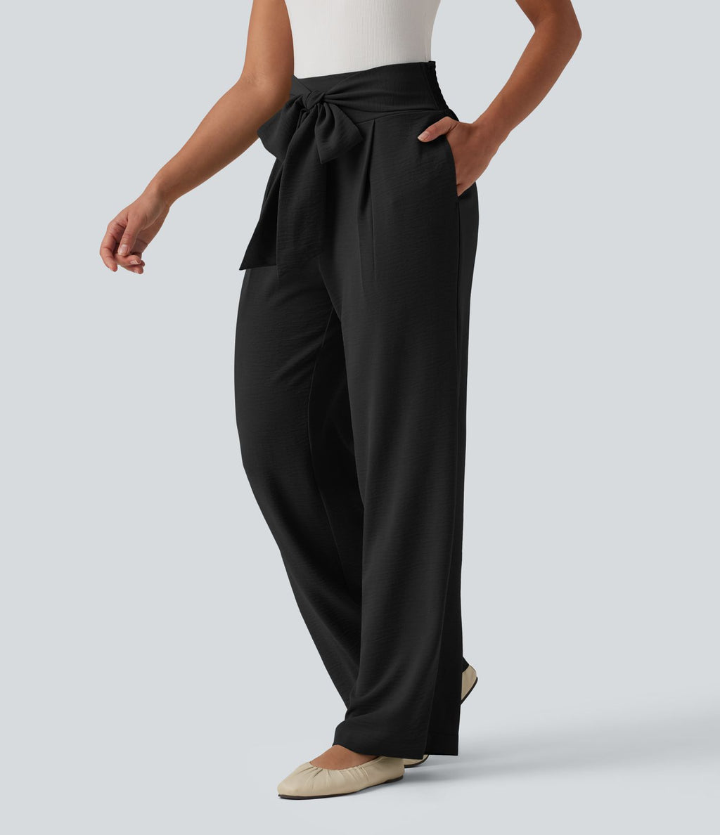 Pantalon droit décontracté aspect lin taille haute à nouer devant avec poches