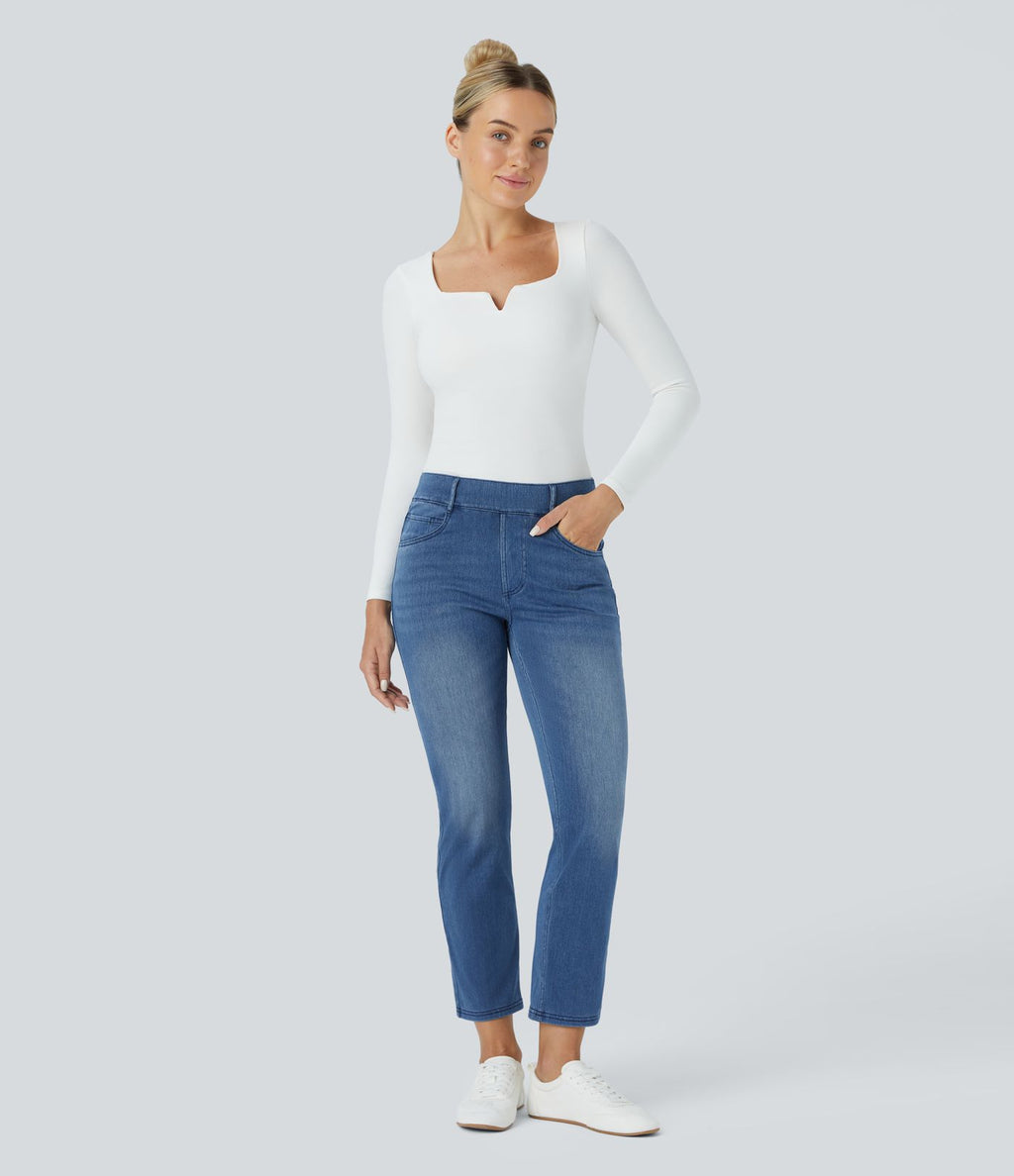 HalaraMagic™ Jean 7/8 Travail en Tricot Extensible Lavé à Jambes Droites et Poches Multiples à Taille Mi-Haute