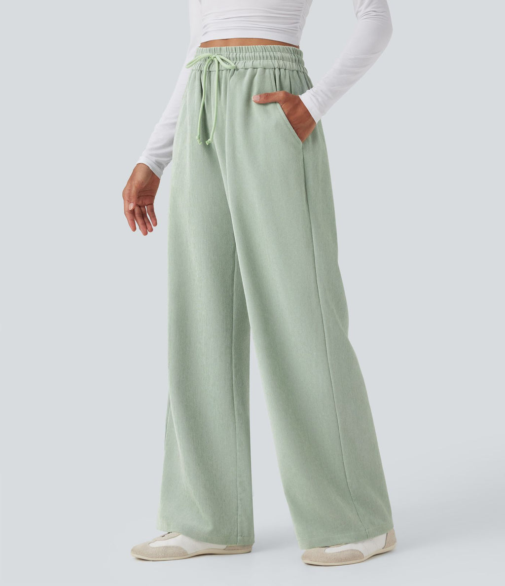 Pantalon décontracté jambe large taille haute avec cordon de serrage et poches