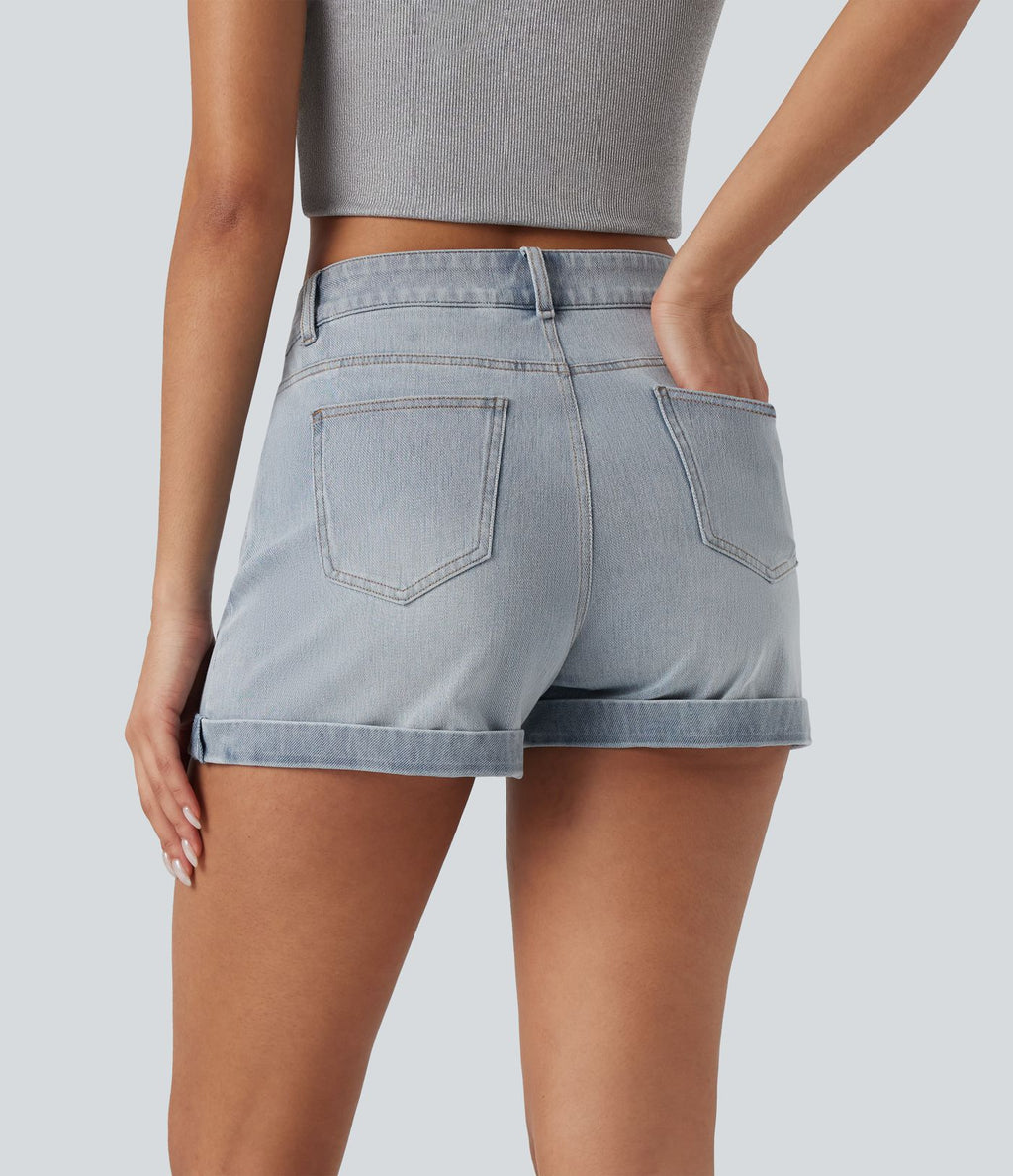 Short 7,5 cm décontracté en jean extensible Halara Flex™ taille moyenne avec boutons, zip et multiples poches