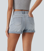 Short 7,5 cm décontracté en jean extensible Halara Flex™ taille moyenne avec boutons, zip et multiples poches