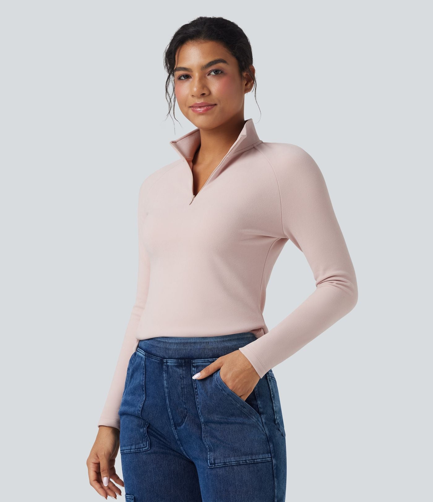 Top casual en molleton zippé mi-hauteur à manches longues