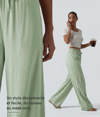 Pantalon large fluide en lin stretch taille haute avec cordon de serrage et poches