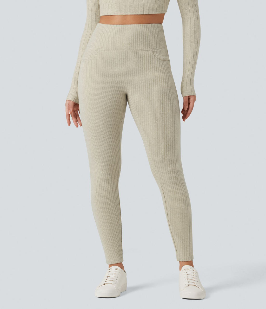 Legging côtelé croisé dans le dos taille haute avec poches