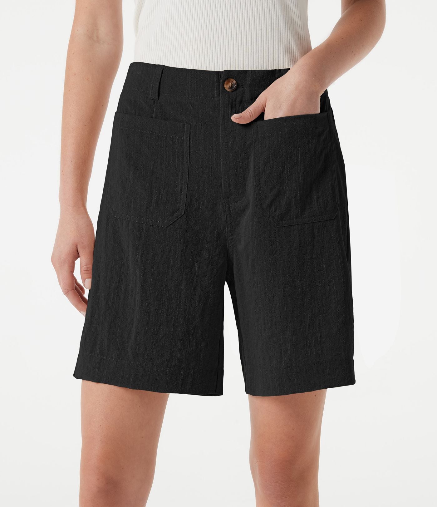 Short casual taille haute toucher lin 17,5 cm avec poches