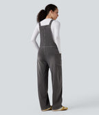 Salopette décontractée Halara Flex™ en denim extensible délavé, col V et poches latérales