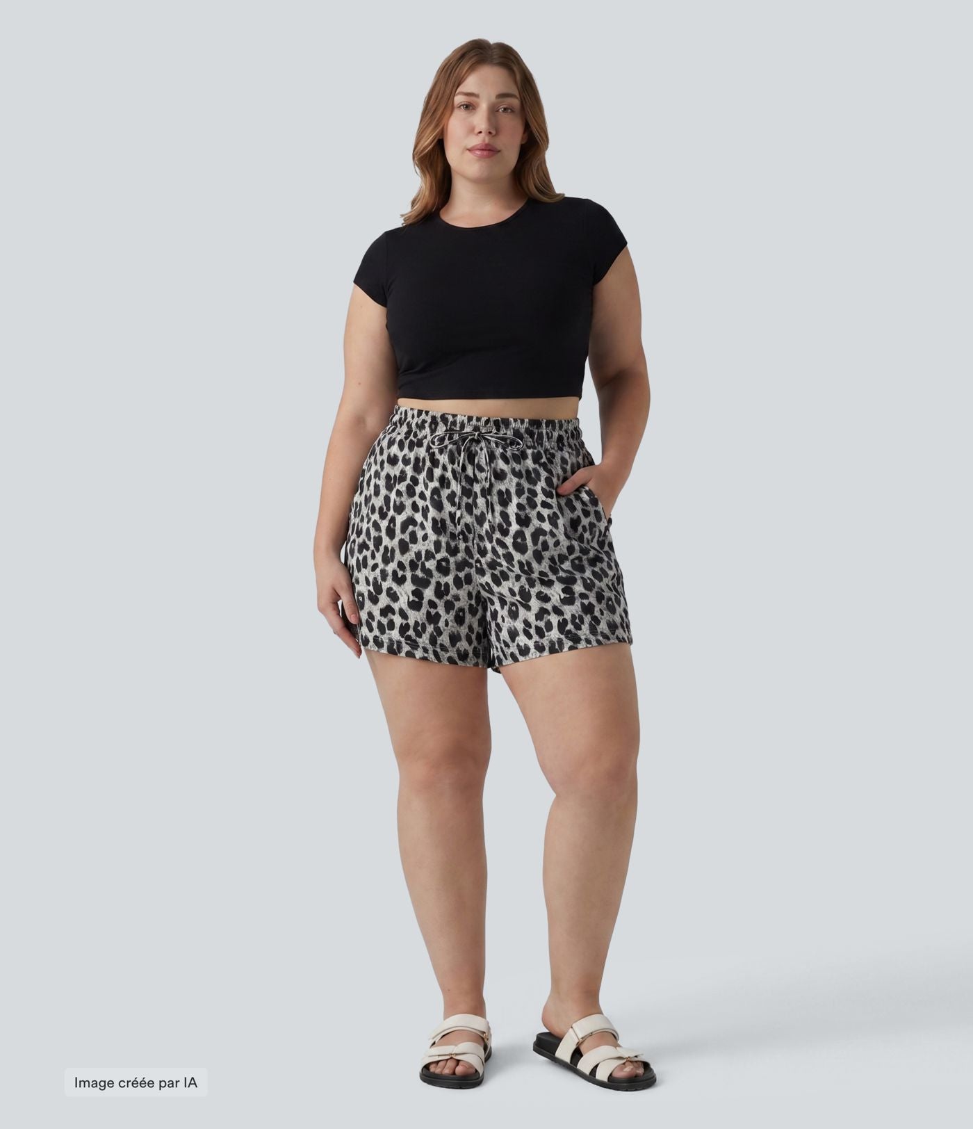 Short grande taille taille haute imprimé léopard avec cordon de serrage et poches