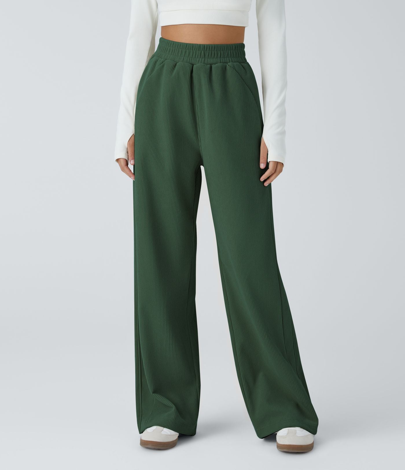 Pantalon velours côtelé de jogging décontracté à taille haute avec poches latérales