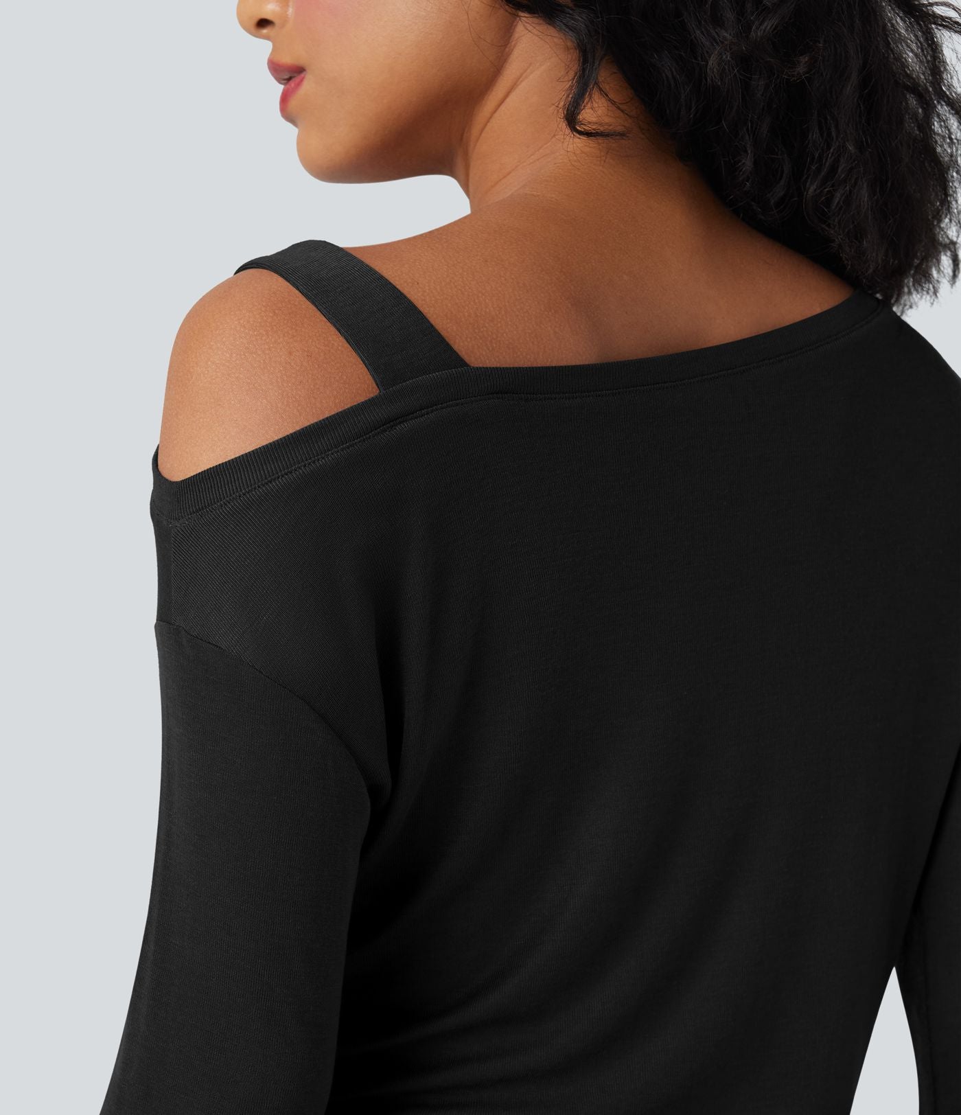 T-shirt décontracté asymétrique en mélange de laine à une épaule et manches longues