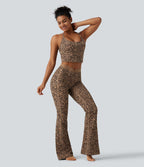 Legging yoga Halara UltraSculpt™ flare taille haute avec ceinture en V imprimé léopard, dentelle contrastée et poches