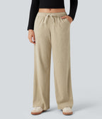 Pantalon large côtelé taille basse pliable avec cordon de serrage et poches