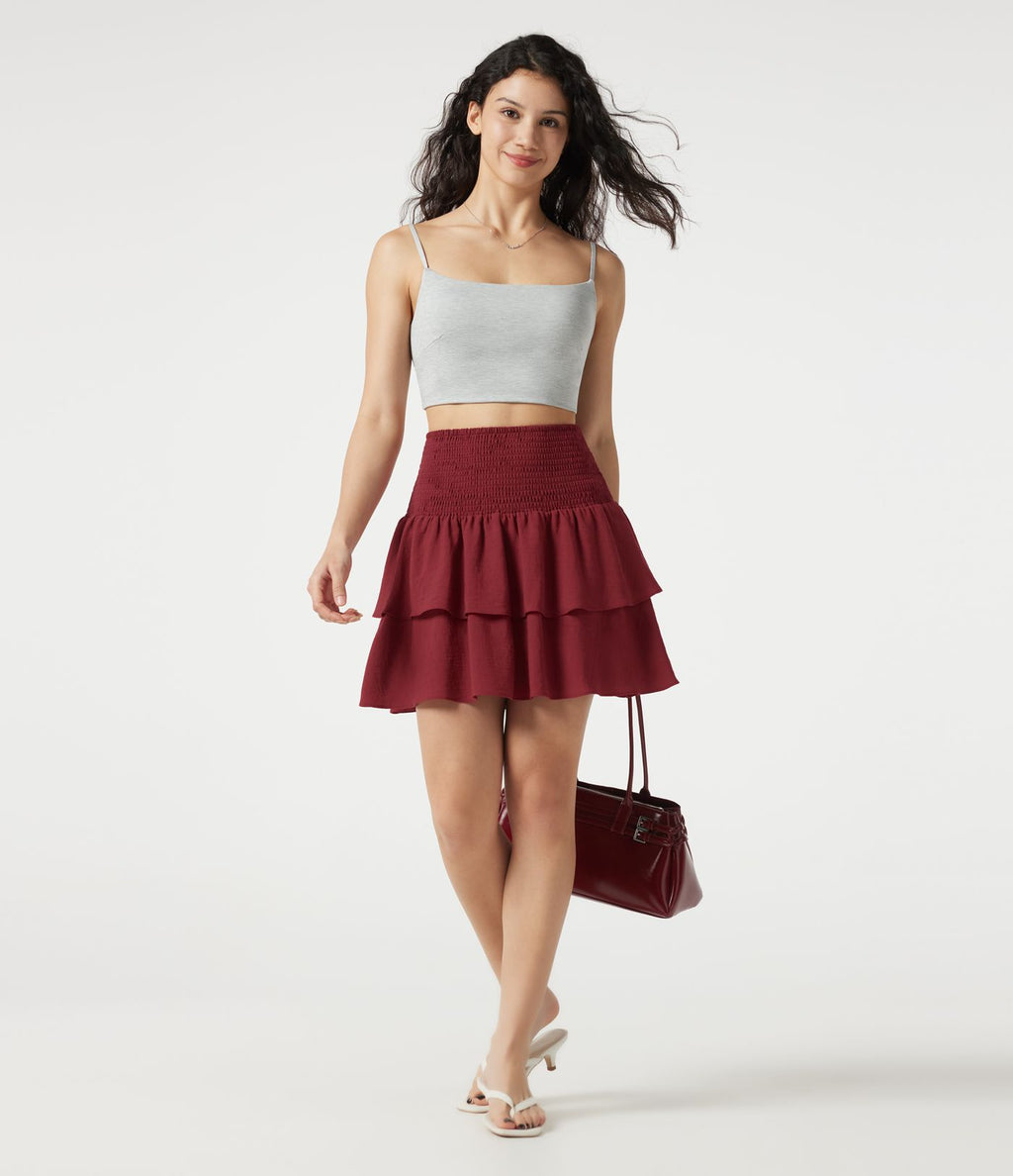 Jupe mini casual taille haute froncée à volants effet lin