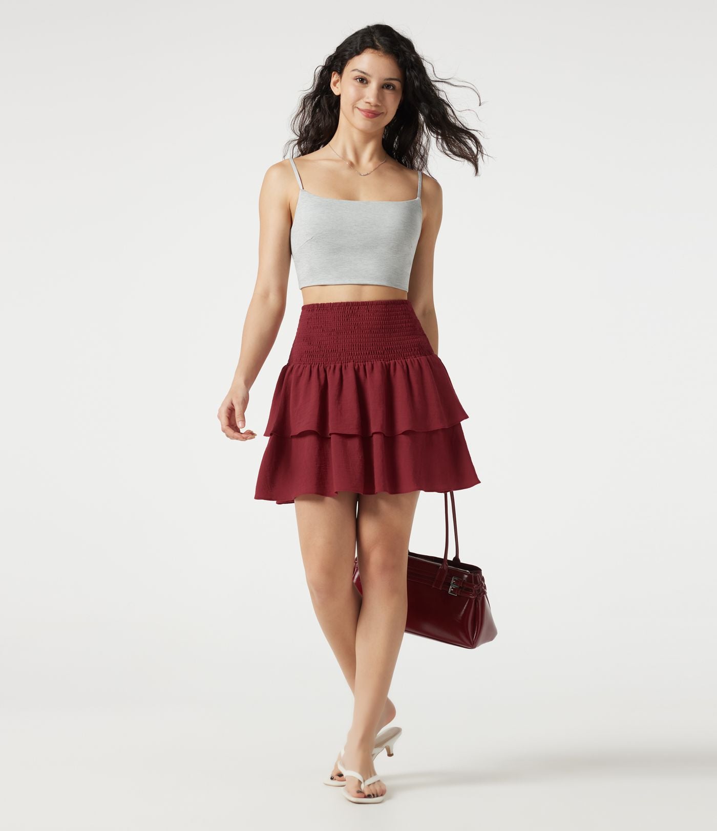Jupe mini casual taille haute froncée à volants effet lin