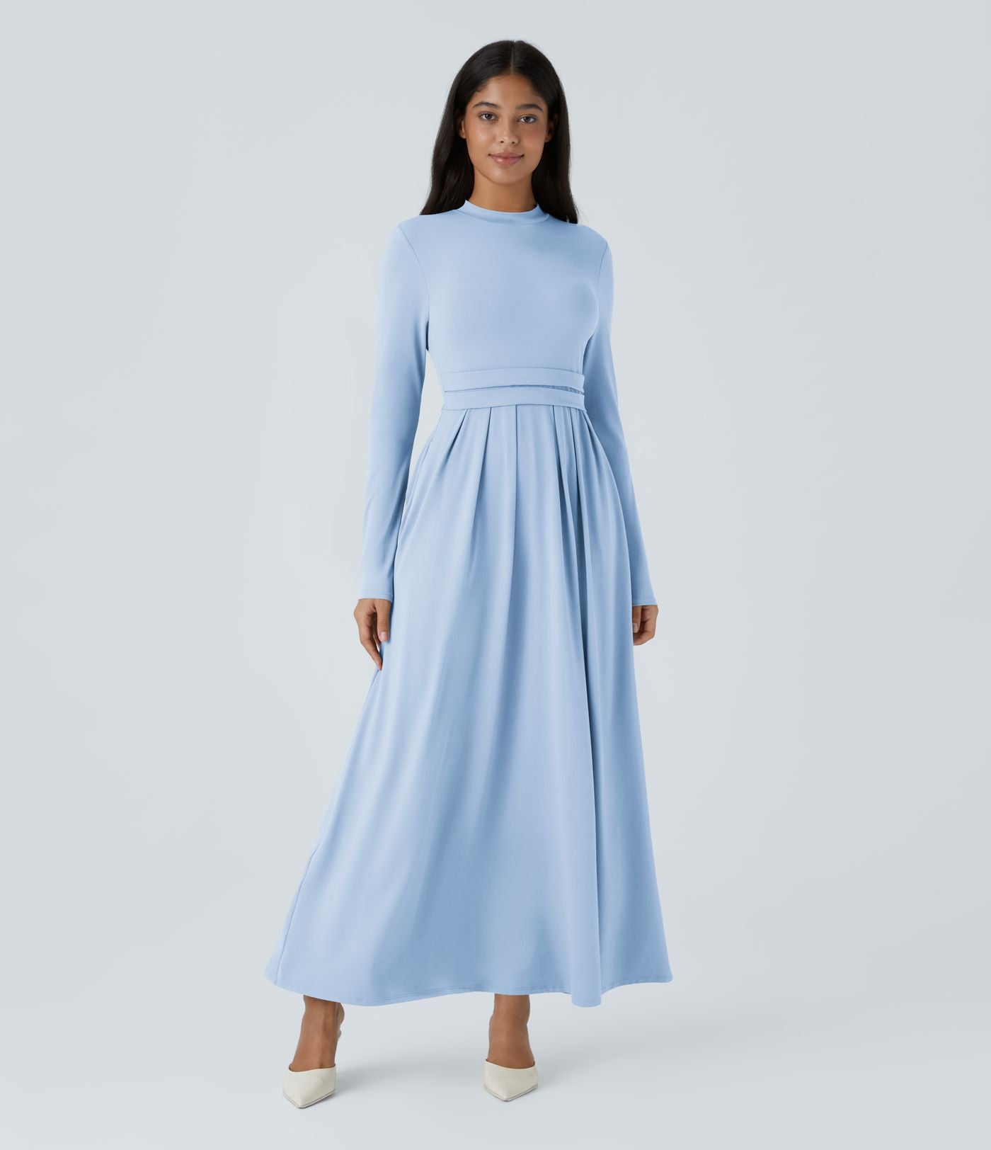 Robe longue décontractée à col montant, manches longues, plissée, avec poches latérales et coupe évasée