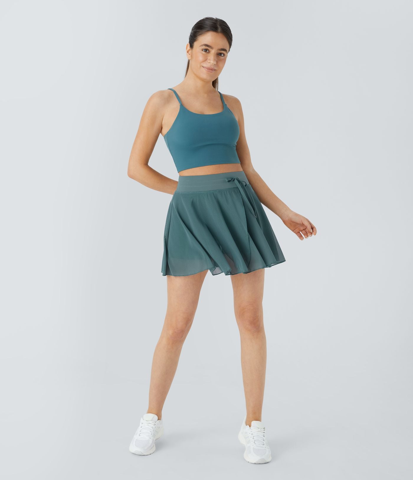 Jupe Casual Évasée Fluide 2 en 1 en Maille Contrastée Taille Haute Cordon de Serrage Poche Latérale