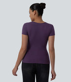 Top casual décolleté cœur manches courtes croisé avec fronces