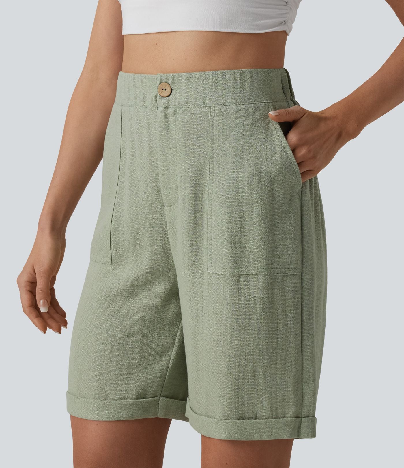 Bermuda casual taille haute aspect lin ourlet roulotté avec poches