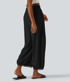 Pantalon casual barrel longueur 7/8 taille mi-haute à bordure ajourée avec poches